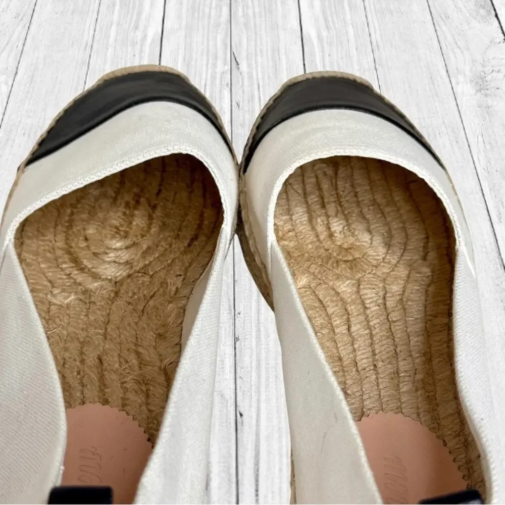 J. CREW White Black Leather Espadrilles Cap Toe Canvas Shoes Flats Resort 10.5